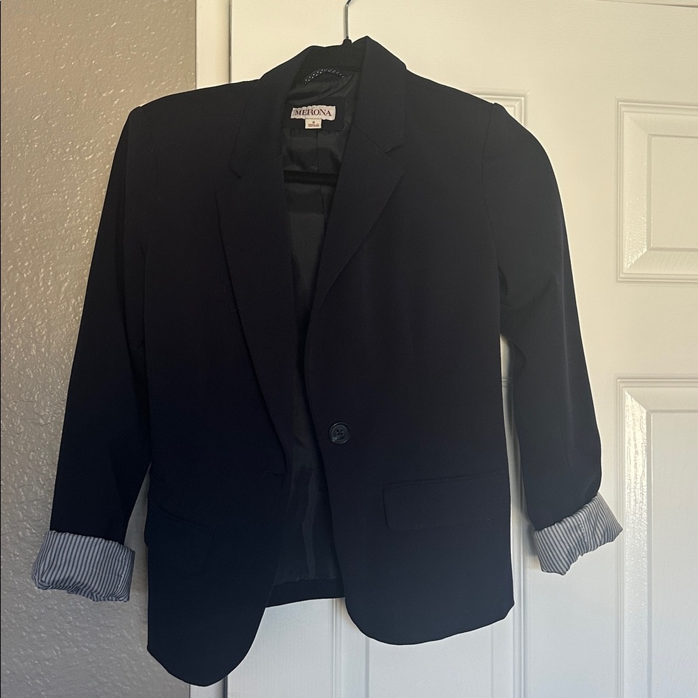 Navy Blazer with Striped Cuffs